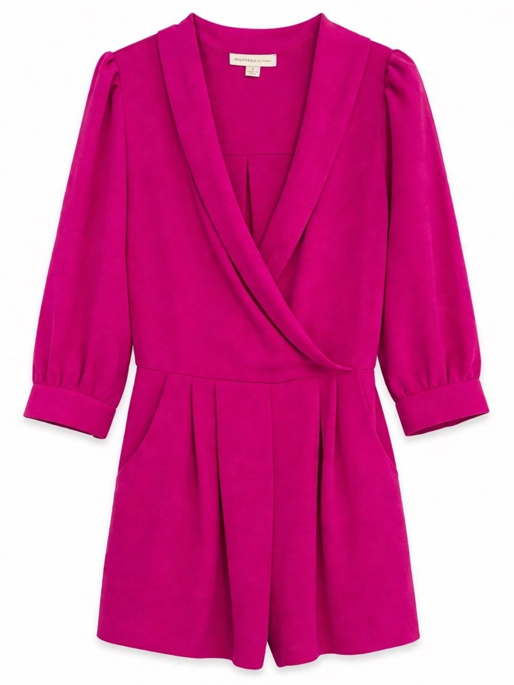 Monteau Los Angeles Pink Wrap Romper Pleated Shorts Puff Sleeve Size M